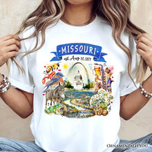 Load image into Gallery viewer, Artistic Missouri State Themes and Landmarks T-Shirt, Tee for History and Travel Lovers