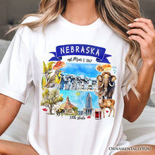 Load image into Gallery viewer, Artistic Nebraska State Themes and Landmarks T-Shirt, Tee for History and Travel Lovers