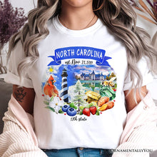 Load image into Gallery viewer, Artistic North Carolina State Themes and Landmarks T-Shirt, Tee for History and Travel Lovers