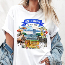 Carregar imagem no visualizador da galeria, Artistic North Dakota State Themes and Landmarks T-Shirt, Tee for History and Travel Lovers