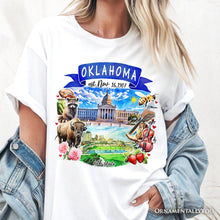 Load image into Gallery viewer, Artistic Oklahoma State Themes and Landmarks T-Shirt, Tee for History and Travel Lovers