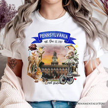 Load image into Gallery viewer, Artistic Pennsylvania State Themes and Landmarks T-Shirt, Tee for History and Travel Lovers