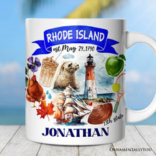 Load image into Gallery viewer, Artistic Rhode Island State Themes and Landmarks Personalized Mug With Custom Name