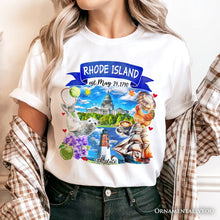 Load image into Gallery viewer, Artistic Rhode Island State Themes and Landmarks T-Shirt, Tee for History and Travel Lovers