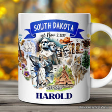 Load image into Gallery viewer, Artistic South Dakota State Themes and Landmarks Personalized Mug With Custom Name