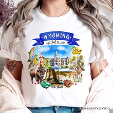 Cargar imagen en el visor de la galería, Artistic Wyoming State Themes and Landmarks T-Shirt, Tee for History and Travel Lovers