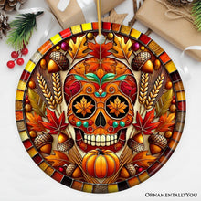 Carregar imagem no visualizador da galeria, Autumn Harvest Sugar Skull Ornament, Vibrant Fall Foliage Christmas Gift and Decor