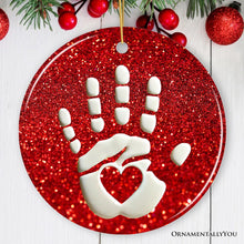 Carregar imagem no visualizador da galeria, Baby Handprint in Red Glitter Themed Ornament, Christmas Nursery Keepsake and Tree Decor