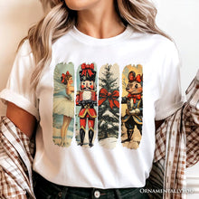Load image into Gallery viewer, Ballet and Nutcracker Christmas T‑Shirt, Coquette Bow and Mouse Vintage Holiday Tee