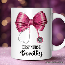 Load image into Gallery viewer, Best Nurse Coquette Pink Bow Personalized Mug, Pink Stethoscope, Gift for Nurse With Custom Name