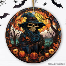 Load image into Gallery viewer, Bewitching Skeletal Sorcery Stained Glass Style Ceramic Ornament, Halloween Themed Christmas Gift and Decor