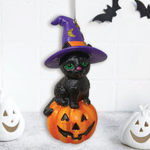 Load image into Gallery viewer, Black Cat on Pumpkin Spooky Glass Christmas Ornament, Witch Hat Halloween Theme