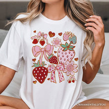 Load image into Gallery viewer, Boho Strawberry Coquette T-Shirt, Cute Bow and Floral White and Natural Tee for Sweet and Stylish Women