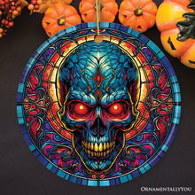 Load image into Gallery viewer, Bone-Chilling Spooky Skull Stained Glass Style Ceramic Ornament, Halloween Themed Christmas Gift and Decor