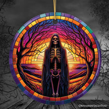 Load image into Gallery viewer, Bony Fright Halloween Skeleton Decor Stained Glass Style Ceramic Ornament, Halloween Themed Christmas Gift and Decor