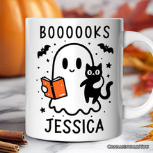 Carregar imagem no visualizador da galeria, Boooooks and Purrs, Personalized Halloween Mug, Cute Books and Cats Lover Ghost Gift with Custom Name