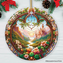 Cargar imagen en el visor de la galería, Castle Art with Lush Forest Stained Glass Style Ceramic Ornament, Christmas Gift and Decor