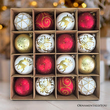 Cargar imagen en el visor de la galería, Charming Elegance Ornament Bundle 16 Piece Set, Red White and Gold with Glitter Premium Shatterproof