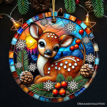 Cargar imagen en el visor de la galería, Charming Fawn in Snowy Sunset Ornament, Delightful Woodland Scene for Christmas Decor