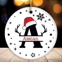 Load image into Gallery viewer, Christmas Split Monogram Alphabet with Antler and Santa Hat Personalized Ornament, Custom Name