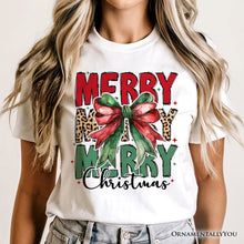 Cargar imagen en el visor de la galería, Coquette Merry Christmas Bow T-Shirt, Festive Leopard Holiday Tee