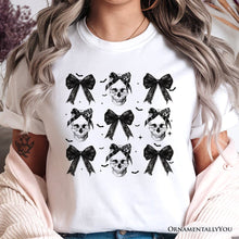 Cargar imagen en el visor de la galería, Coquette Skulls and Bows T-Shirt, Gothic Halloween Tee for Stylish Women