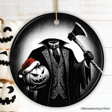Load image into Gallery viewer, Creepy Headless Horseman And Pumpkin With Santa Hat Ornament, Horror Themed Christmas Decor for Halloween Tree