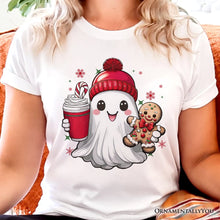 Cargar imagen en el visor de la galería, Cute Ghost Christmas T‑Shirt, Adorable Gingerbread and Cocoa Holiday Tee
