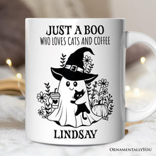 Cargar imagen en el visor de la galería, Cute Ghost with Black Cat Personalized Mug, Cat and Coffee Lover Halloween Gift