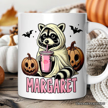 Cargar imagen en el visor de la galería, Cute Racoon Drinking Cup, Personalized Mug, Retro Halloween Gift with Custom Name
