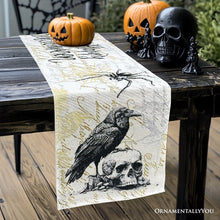 Carregar imagem no visualizador da galeria, Elegant 72" Gothic Jacquard Table Runner, Halloween Tablecloth with Spider Webs and Black Ravens