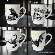 Load image into Gallery viewer, Elegant Goth Set of 4 Ceramic Mugs with Real Gold Trim, Black and White Spooky Halloween Coffee Cup Kitchen Gift