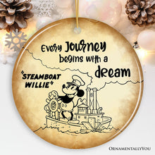Carregar imagem no visualizador da galeria, Every Journey Begins With a Dream Quote Ornament, Vintage Steamboat Willie Christmas Keepsake