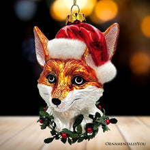 Carregar imagem no visualizador da galeria, Fox with Santa Hat Glass Christmas Ornament, Woodland Animal Wreath Gift Decor