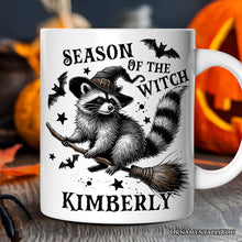 Carregar imagem no visualizador da galeria, Funny Racoon Witch with Broom Personalized Mug, Vintage Halloween Gift with Custom Name