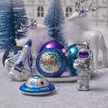 Carregar imagem no visualizador da galeria, Galactic Space Theme Glass Ornament Bundle, Purple Star Pattern Baubles, Astronaut, Spaceship, and UFO Decorations