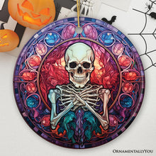 Load image into Gallery viewer, Ghastly Grins Haunted Halloween Skeleton Stained Glass Style Ceramic Ornament, Halloween Themed Christmas Gift