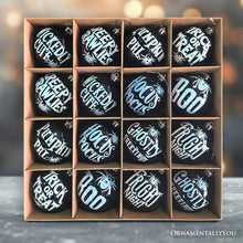 Load image into Gallery viewer, Ghastly Quotes Ornament Bauble Set of 16, Halloween Tree 3" Black and White Round Ball Decor