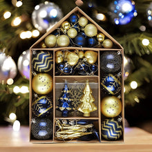 Carregar imagem no visualizador da galeria, Glam and Glittered Gold and Blue Elegant Christmas Ornament Set, 70 Assorted Balls, Trees, Snowflakes, and Royal Heart Pendants