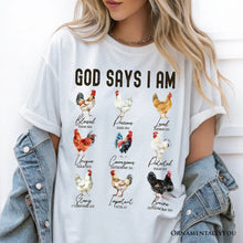 Carregar imagem no visualizador da galeria, God Says I Am Christian T-Shirt, Rooster and Chicken White Tee for Farm Style Lovers