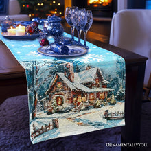 Carregar imagem no visualizador da galeria, Gracefully Artful Winter Cabin 72" Table Runner, Merry Christmas Blue Rectangle Tablecloth with Snowflakes