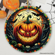 Carregar imagem no visualizador da galeria, Grim Grinning Gourd Pumpkin Decor Stained Glass Style Ceramic Ornament, Halloween Themed Christmas Gift