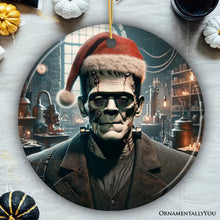 Carregar imagem no visualizador da galeria, Grotesque Frankenstein with Santa Hat Ornament, Spooky Holiday Gift for Horror Fans