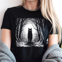 Carregar imagem no visualizador da galeria, Haunted Forest Black Cat T-Shirt, Spooky Halloween Night Tee