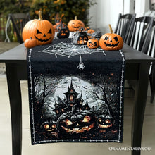 Carregar imagem no visualizador da galeria, Haunted Horrors 72" Table Runner, Jacquard Halloween Home Black Tablecloth Decoration with Pumpkins and Spiderwebs