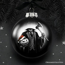 Load image into Gallery viewer, Headless Horseman Spooky Portrait Glass Christmas Ornament, Black Horror Halloween Tree Decoration