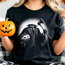 Carregar imagem no visualizador da galeria, Headless Horseman Spooky Portrait T-Shirt, Horror Villain Theme Halloween Tee