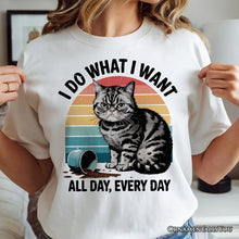 Load image into Gallery viewer, I Do What I Want Cat Retro T-Shirt, Unisex Sarcastic White Tee for Cat Lovers
