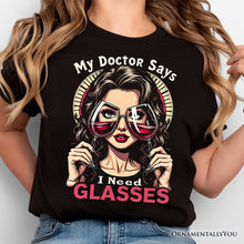 Carregar imagem no visualizador da galeria, I Need Glasses Funny Wine T-Shirt, Retro Glam Black Tee for Stylish and Witty Women