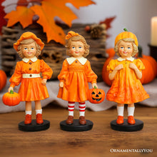 Carregar imagem no visualizador da galeria, Inviting Pumpkin Girl Trio Set of Figurines, 6" Victorian Autumn Fall and Halloween Table Decoration